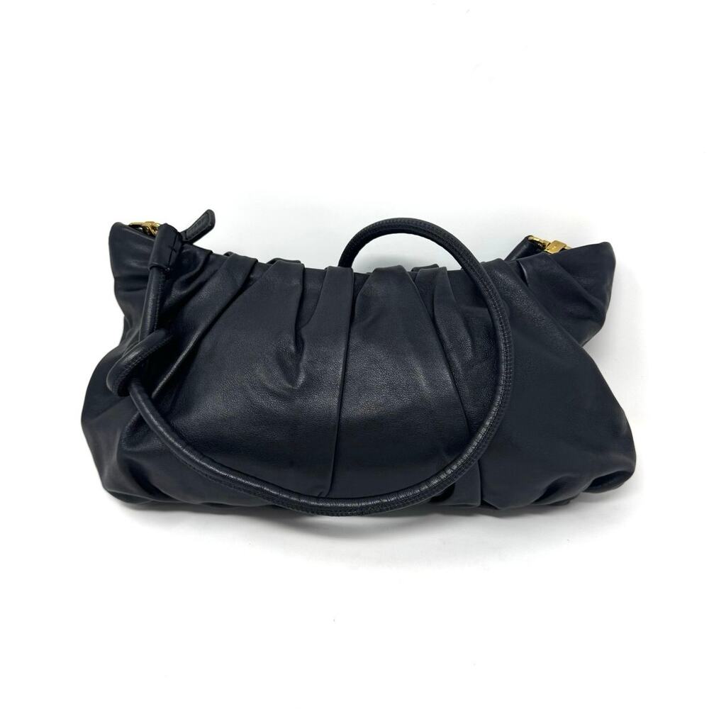 STAUD Kiki Ruched Black Smooth Leather Shoulder Bean Bag